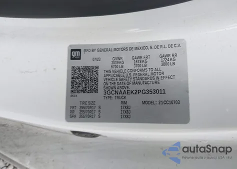 2023 Chevrolet Silverado 1500 2Wd Standard Bed Wt z USA, uszkodzony, nr VIN 3GCNAAEK2PG353011